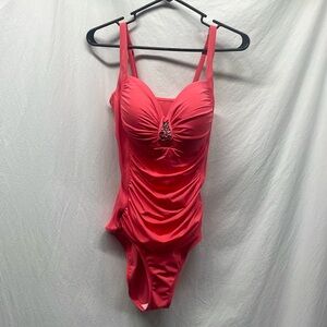 Jantzen Coral Bombshell Ruched Rhinestone Embellished One Piece Swimsuit
